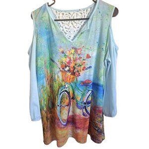 Leoma Lovegrove L Cold Shoulder Wearable Art Tunic 3/4 Sleeve Top FLAWS